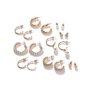 SOHI Pack of 9 Gold Plated Pearls Hoop Earring for women & girls, Bali Earrings For Women, latest fancy earrings for women stylish, Trendy, Light weight, Aesthetic