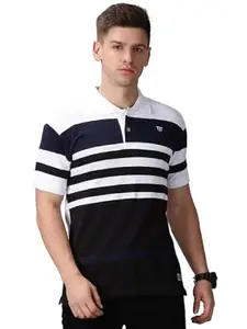 THE FASHION FACTORY Men’s Half Sleeve Regular Fit Striped Polo T Shirt (L, White)