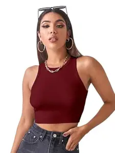 LADYGLOW Women's Ribbed Round Neck Crop Top – Sleeveless Cotton Stretch Slim Fit for Casual, Office, Travel & Stylish Layering