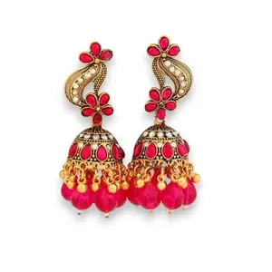 Traditional Floral Jhumka Earrings, Red and Gold, Crystal-Embellished with Beaded Danglers (PINK)