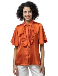 BEATNIK Orange Satin Shirt Style Party Top with Bell Sleeves | Stylish Western Tops for Women
