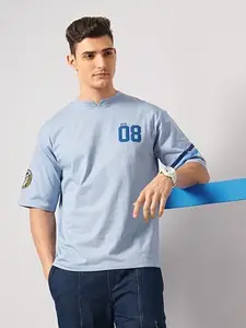 Celio x Mumbai Indians - Light Blue Graphic Printed Cotton Oversized Crew Neck T-Shirt
