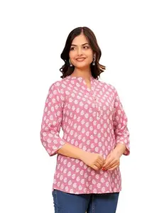 Women Tunics Tops Cotton Floral Printed Short Kurti Kurta Shirt Top for Women(SFK001) (in, Alpha, 2XL, Regular, Peach)
