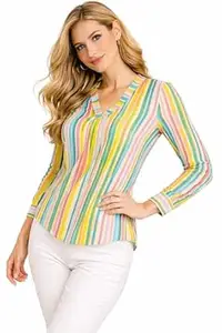 PILLU Women Multicolor Vertical Striped Top | V-Neck Long Sleeve Casual & Office Wear Top | Stylish Western Formal Shirt for Women