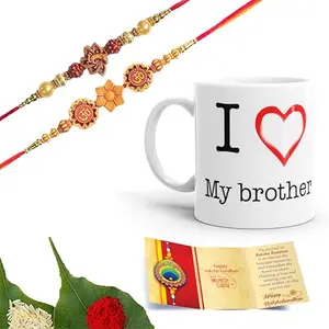 Chinove Flower And Chinove Rose Elegant Design Handmade Rakhi’s for Brother and Bhabhi Set of 2 with Wishing Card, Roli Chawal and Printed Ceramic Mug (SM18)