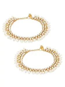 fabula Jewellery Pair of Gold Tone Kunadn & Pearl Ethnic Payal Anklets For Women & Girls Stylish Latest (VMA23_Z1)