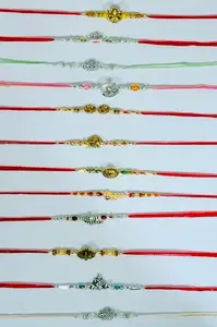 Traditional Indian Rakhi Set, 11-Piece Festival Special Combo with Card & Tikka Kit, Gold Plated, Multi Color