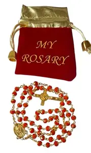 Crystal Rosary Beads with Gold-Tone Cross, Orange Glass Beads, Red Velvet Storage Pouch