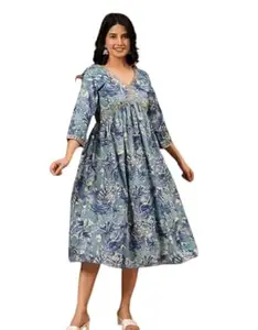 Women's Floral Print Dress, Rayon Long Sleeve, V-Neck, Fit and Flare Style, Midi Length