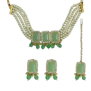 ACCESSHER Multi-Layered Faux Pearl Choker Necklace- Square Shaped Stones With AD Outline, Adjustable Drawcord And Matching Maangtikka & Earrings For Women And Girls (Green)