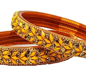 T4 Jewels Designer Glass Bangles/Kada Set Zircon Stones Studded For Women & Girls Specially For Party, Wedding & Marriage - (Set Of 2)_Yellow_2.2