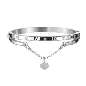 Vembley Silver Plated Roman Numerals Heart Pendant Charm Bangle Bracelet For Women And Girls