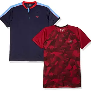 BHAJJI Unisex-Adult Round Neck with Zip Collar T-Shirt (Maroon, Navy Blue, 2xl-44) - Combo of 2