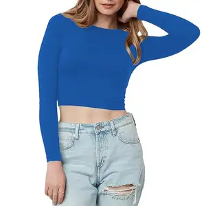 THE BLAZZE Women's Cotton Boat Neck Full Sleeve Solid Casual Wear Crop Top for Women L355 1138 (M, RBL)