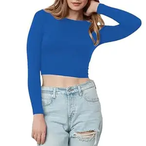 Women's Cotton Boat Neck Full Sleeve Solid Casual Wear Crop Top for Women L355