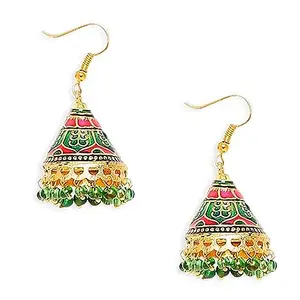 fabula Jewellery Green & Pink Meenakari Jhumki Earrings - Cone Shape - For Women & Girls Stylish Latest (EHC184_AF1)