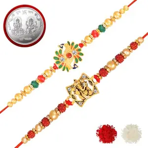 De Marquis Religious Pearl Kundan Rakhi Set, Chawal Roli Pack, Greeting Card Set (2 Rakhi Set + 1 Coin)