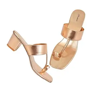 Shunya Women Comfortable Gold Ethnic toe ring Open Square Toe Block Heel Slip-On Sandal For Traditional and Wedding Occassions-Size:3