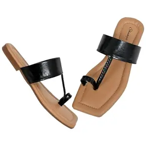 Shunya women Comfortable Black Toe ring Open Square toe Flat Slip-on Sandal for Traditional and Ethnic Look - Size:4