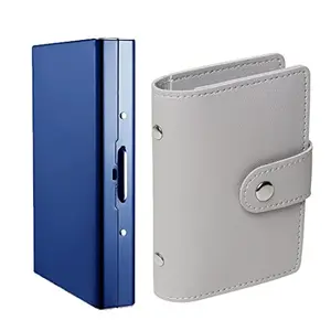 Stealodeal RFID Protector Stainless Steel 8 Slot with 26 Slots Leather Debit/Credit/ATM Card Holder for Men & Women (Blue & Grey)