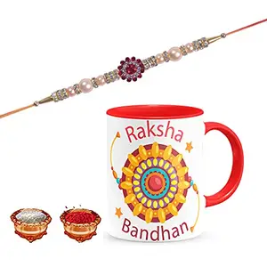 Manonita Rakhi Gift for Brother, bhaiya bhabhi, Gift Set (Rakshabandhan Mug, Roli,Chawal) REDMUG-12-BB