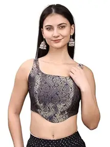 Womanista Navy Blue Color Banarsi Jacquard Corset Shape Saree Blouse for Women with Tie up Dori at Back