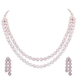Ratnavali Jewels American Diamond CZ Rose Gold Plated Designer Jewellery Set/Necklace Set with Chain & Earring for Girls/Women (RVA102RG)