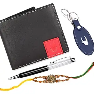 WildHorn Rakhi Gift Hamper for Brother - Classic Men's Combo/Gift Set of Leather Wallet, Keyring, Pen and Rakhi for Brother/Bhaiya. (Black D)