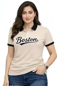 Women's Cotton Blend Polo T-Shirt with Boston Print, White with Black Collar and Sleeves