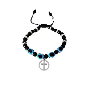 M Men Style 6mm Beads Evil Eye Cross Charm Crystal Black And Blue Elastic Bracelet For Men And Women SBr202466