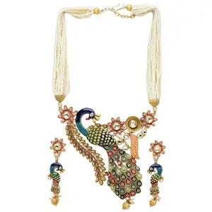 Mansiyaorange Women's Kundan Necklace Jewelry Matte Gold Multi Color South Indian Peacock Chain Pendant With Earrings