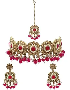 Anuradha PLUS® Maroon-Red Colour Fancy Necklace Set | Mirror Necklace For Women & Girls | Designer Combo Set For Maang Tikka With Earrings