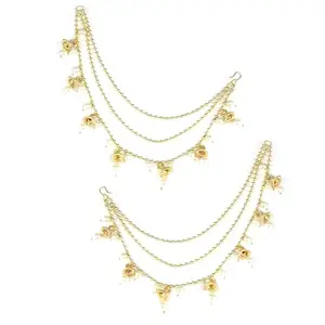 PRIVIU Latest Brass Golden Kanchain 3 Layer Long Ear Chain with Jhumki Drop Champaswaralu Ear Chain For Hair for Jhumka Traditional Earrings For Women & Girls