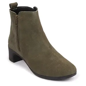 FAUSTO NFST KI-264 OLIVE-40 Women's Flared Heel Mid Top Suede Leather Zipper Closure Winter Chelsea Boots (7 UK)
