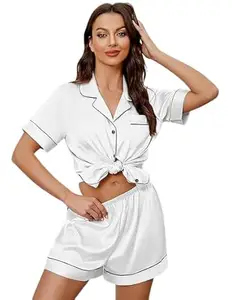 VC Fashion HUB Grey Women's Satin Plain/Solid Relaxed Night Suit Set of Top & Shorts (30-NW-Half-Grey-_L)