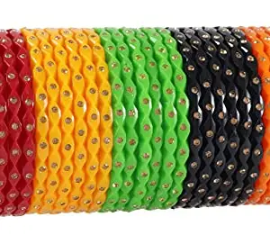 NMII Acrylic (Plastic) with Zircon Gemstone Studded worked Glossy Finished Bangle Set For Women and Girls, (MultiColour1_2.4 Inches), Pack Of 60 Bangle Set