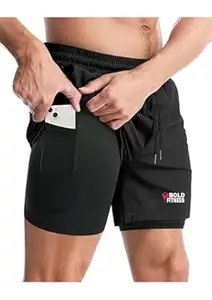 BOLD FITNESS 2 in 1 Active Dual Shorts with Inner Tights Layer | Men's Double Layer Short for Running, Gym & Sports