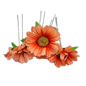 GuruEmbellish Sun Flower Style Hair Juda Pins For Hair Styling And Bun Decoration Accessories Pins Gajra for Women and Girls Pack of 4, Orange