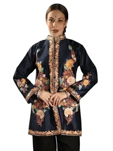 Exotic India Pageant-Blue Silk Short Jacket from Srinagar with Floral Motif Aari Embroidery, Pageant Blue, XX-Large