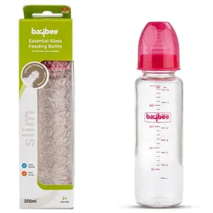 Baybee Slim Essential Glass Baby Bottle 125ml, BPA Free Milk Bottle for New Born Baby Infant | Leak Proof Anti Colic Bottle | Baby Bottle for Baby 3+Months (Pink)
