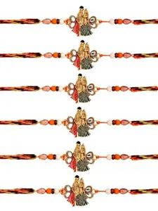 Adiva Pack of 6 Handmade Kundan & Beads Lord Radha Krishna Rakhis for Brother, Raksha Bandhan Rakhi Gift Set with Roli Chawal & Chandan