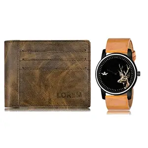 LOREM Combo of Beige Wrist Watch & Brown Color Artificial Leather Wallet (Fz-Wl19-Lr69)