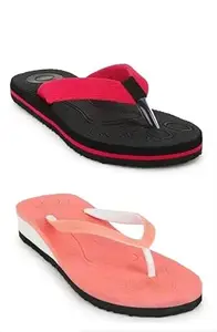 Women Extra Soft Flip-Flops and Daily Use Slippers Comfortable & Lightweight Slippers for Women Comfortable Stylish And Trending Flipflops Slippers (Pack of 2) (Peach & Red, 6)