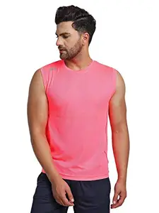 DIDA Men's Pink Polyster Round Neck Sleeveless Sports Running Tshirt