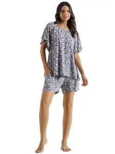 SAY Womens Viscose Rayon Night Suit Set Top and Shorts Lounge Wear Night Dress (Grey, Large)