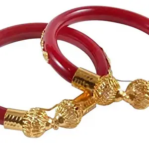 TANVI J Plastic Gold Plated No Stone Bangle Set for Women (Gold & Red) - Pack of 2