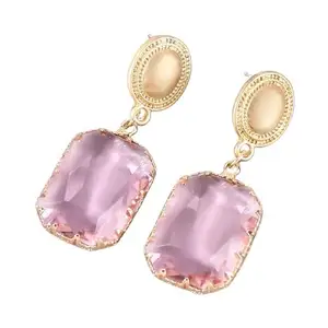 AQUASTREET Trendy Pink Crystal Geometric Gold Plated Alloy Rhinestone Geometric Drop Dangle Earrings for Women