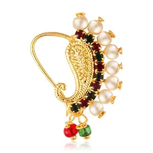 VFJ VIGHNAHARTA FASHION JEWELLERY Vighnaharta Gold Plated with Peals Alloy and CZ stone Piercing Maharashtrian Nath Nathiya./ Nose Pin valentine day gift valentineday gift for her gift for him gift for women gift for women [VFJ1087NTH-TAR-Multi ]