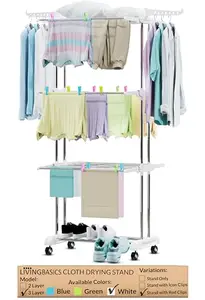 LIVINGBASICS 18 Clips with 3 Layer Clothes Stand for Drying/Cloth Drying Stand/Cloth Stand for Drying Clothes Foldable/Cloth Drying Stand for Balcony/Stainless Steel Dryer Rack (Snow White)