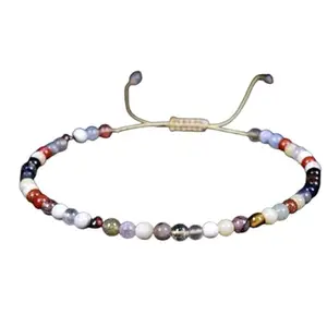 Lady Works Natural Multi Gemstone Threaded Bracelet 3.5mm Round Smooth Beads Multi Gemstone Adjustable Thread Bracelet. Unisex Macrame Yoga Bracelet.|LW_TDBR_1323